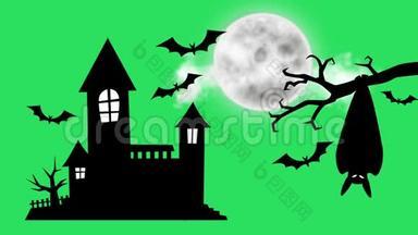 动画剪影黑色城堡与灰色月亮上的绿色背景。